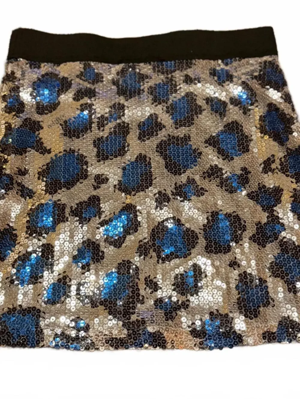 Sans Souci Small Sequin Leopard Mini Skirt Blue Silver Black
